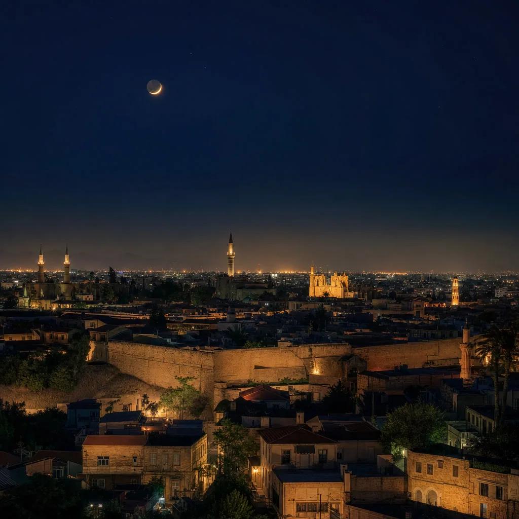 Nicosia, hlavné mesto Cypru, v nočnom osvetlení
